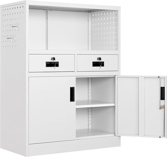 Yizosh Locking Cabinet with 2 Drawers, Metal Storage Cabinet with Locking Doors and Shelves - 41.3" Steel Lockable Storage Cabinet, Metal Cabinet for Home Office, Garage, School (White)