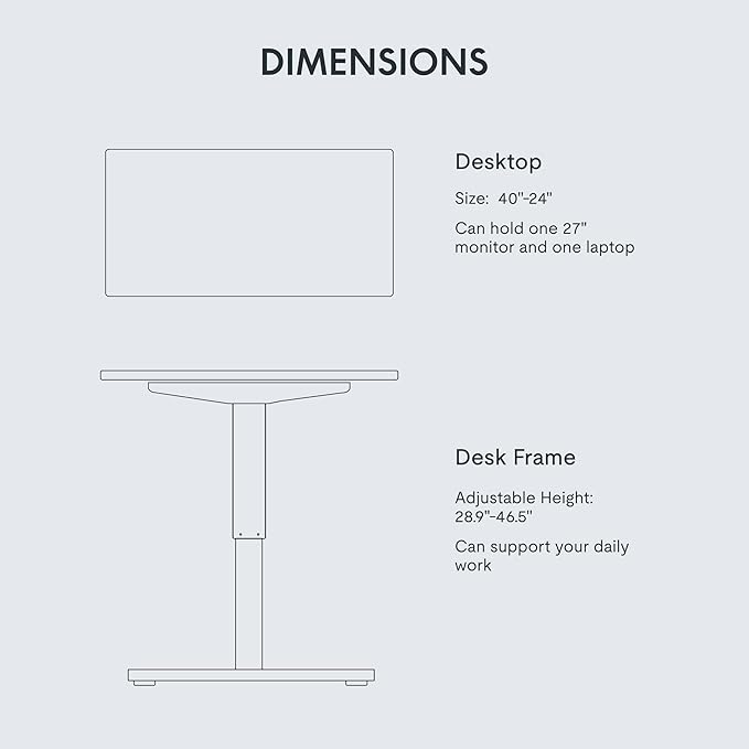 FLEXISPOT EN1 One-Piece Adjustable Height Desk 40 x 24 Inches Whole Piece Desktop Small Standing Desk for Small Space Electric Sit Stand Home Office Table (White Frame + White Desktop)