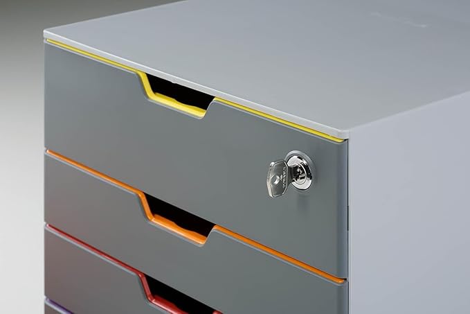 Durable VARICOLOR 4 Lockable Drawer Unit - Gray Desktop Filing Drawer Set with 4 Color Coded Draws - Letter Size Files - Top Draw is Lockable - Perfect for Storing Documents and Paper Work