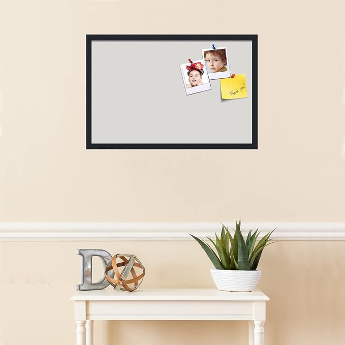 PinPix 28x18 Inch Cork Bulletin Board. This Decorative Framed Pin Board Comes with Light Stone Design and a Satin Black Frame. Ideal for Home Office Decor or Message Board (PinPix-1809)