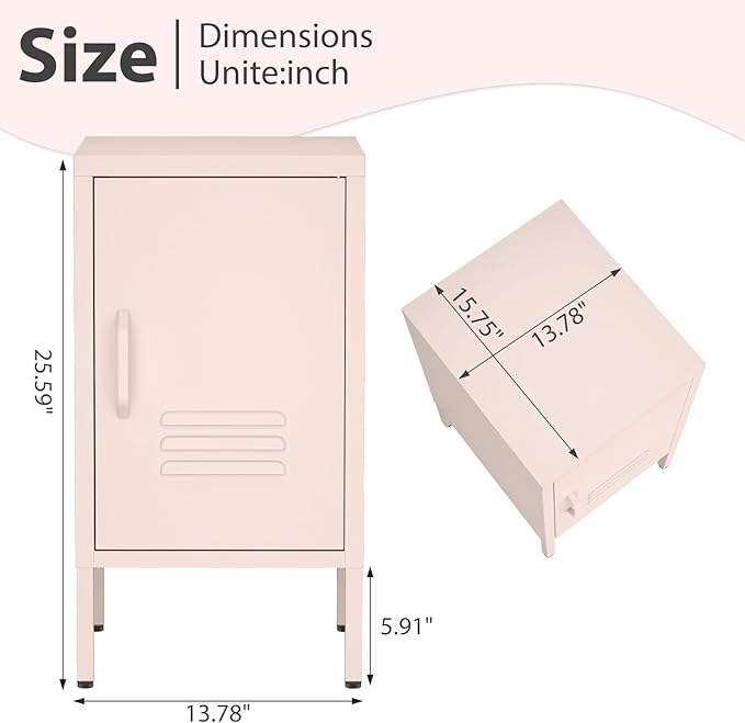 Metal Cabinet,Locker Nightstand with Shelf,Metal Storage Locker,Steel Bedside Storage Cabinets for Living Room Bedroom,Pink