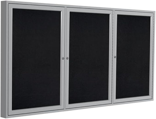 Ghent 48" x 72" 3-Door indoor Enclosed Recycled Rubber Bulletin Board, Shatter Resistant, with Lock, Satin Aluminum Frame,Black (PA34872TR-BK)-Made in the USA