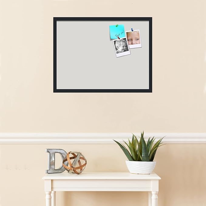 PinPix 27x20 Inch Cork Bulletin Board. This Decorative Framed Pin Board Comes with Light Stone Design and a Satin Black Frame. Ideal for Home Office Decor or Message Board (PinPix-1809)