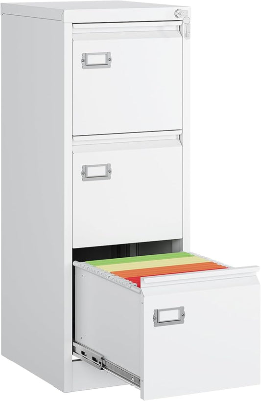 MIIIKO 3 Drawer File Cabinet, White Vertical Filing Cabinets with Lock, Home Office File Folders Storage Cabinet for Letter Legal A4 File Size