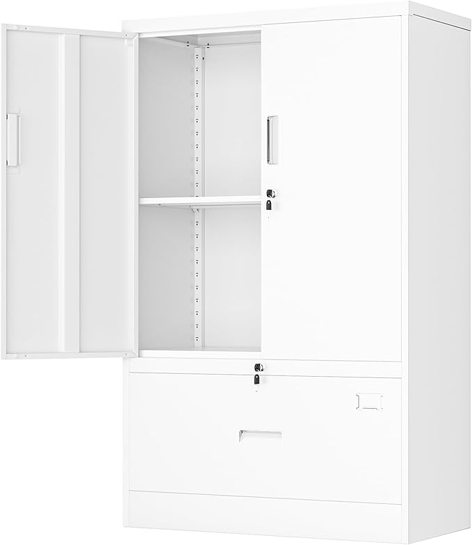INTERGREAT Metal Storage Cabinet,Metal File Cabinet with Lockable Doors and Adjustable Shelves，Pantry Storage Cabinets for Garage,Home Office,Kitchen(White)
