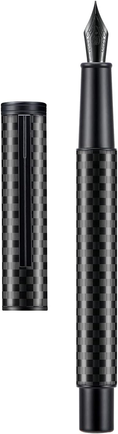 Hongdian Black Forest Carbon Fiber Fountain Pen Medium Nib Modern Design Smooth Writing Pen with Refillable Ink Converter and Metal Pen Case Set