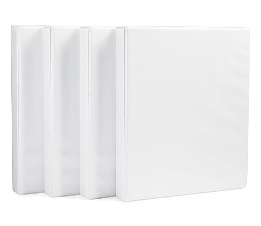 Amazon Basics 3 Ring Binder with Durable 1 Inch D-Ring and Clear Overlay for Storage and Organization, Pack of 4, White