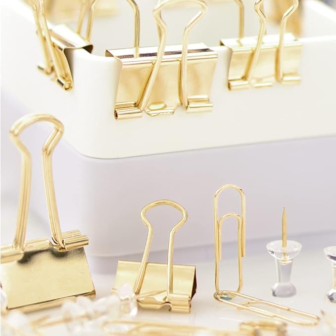 Paper Clips and Binder Clips Set, Metal Assorted Sized Binders with Push Pins, Cute Office Supplies for Desk, Desk Accessories (Gold Set of 3)