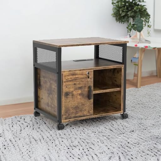 Unikito Lateral File Cabinet, Locking Office Filing Cabinets with Socket and USB Charging Port, Modern Rolling Printer Stand with Storage for A4, Letter Size and File Folders, Rustic Brown