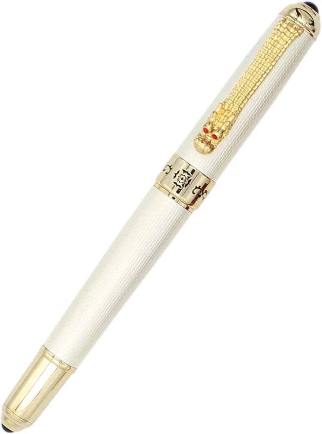 Gullor Fountain Pen with Ink Converter, Golden Dragon Clip, Executive Pen for Smooth Writing, Fine Nib, White