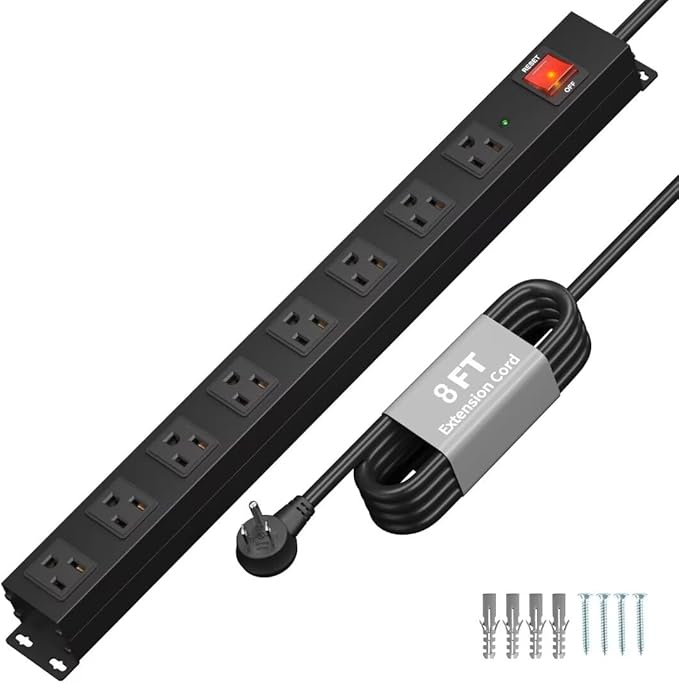 KF 8 Outlet Heavy Duty Power Strip Surge Protector, 2100J Surge Protection Black Power Strip, 15A/1875W Mountable Power Strips, 14AWG 6FT Extension Cord, Black(8FT-2100J)