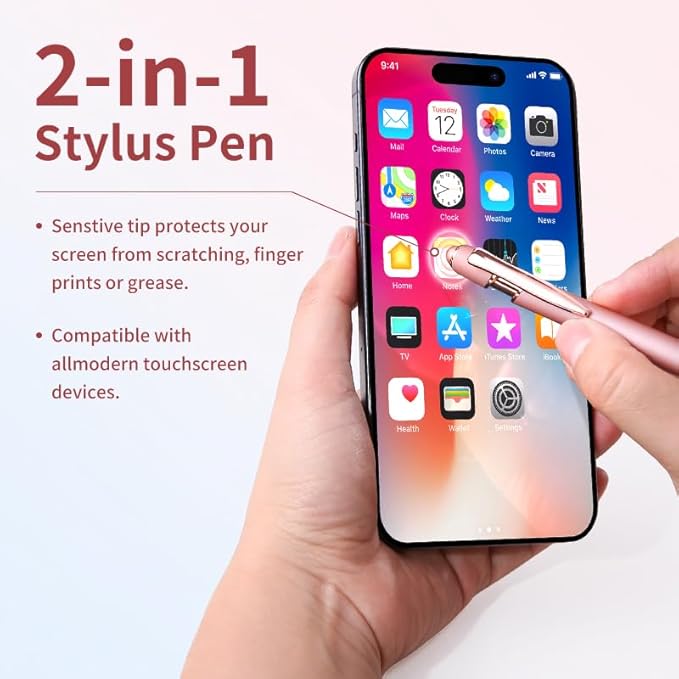 8 Pack Rose Ballpoint Pen with Stylus Tip, Metal Stylus Pens for Touch Screens, 1.0 mm Black Ink