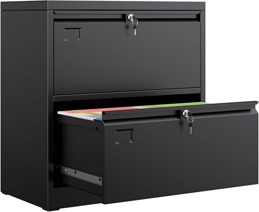 Metal 2 Drawer Lateral File Cabinet with 2 Lock - Wide Filing Cabinet for Letter/Legal/F4/A4 Hanging Files - Includes Business Card Holder,Home Office School Storage,Black
