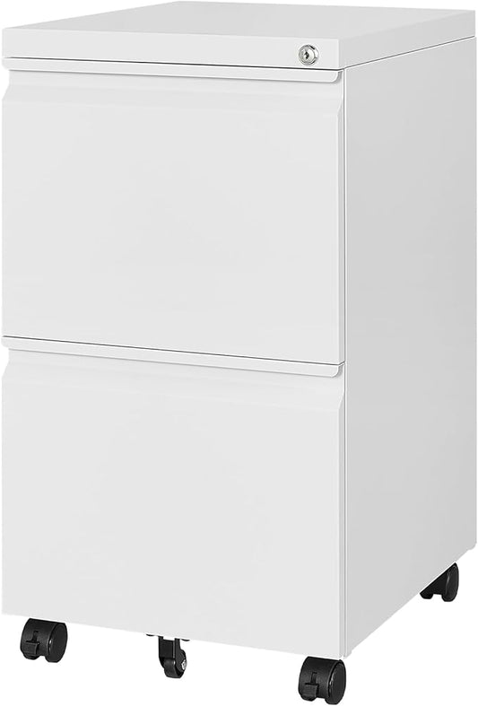 2 Drawer Mobile File Cabinet with Lock for Home Office, Small Rolling Cabinet for Legal/Letter/A4 (White)