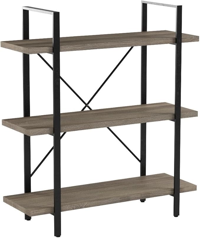 HSH 3-Shelf Bookcase, Rustic Gray 3 Tier Bookshelf, Vintage Industrial Wooden and Metal Display and Storage Bookshelves Tower for Home Office Livingroom Bedroom Light Grey Oak