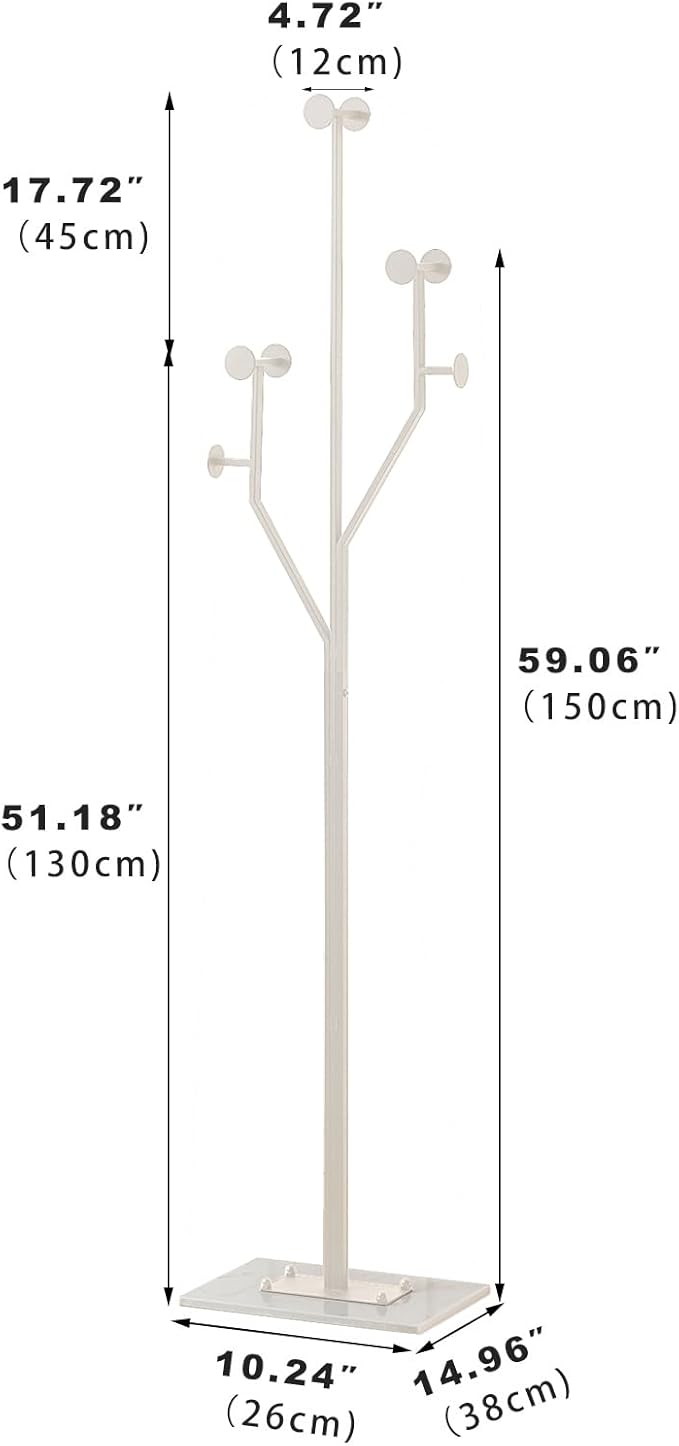Heavy Duty Coat Rack Tree-shaped Metal Freestanding Coat Tree with Sturdy Marble Base Corner Coat Rack for Bedroom Entryway Hallway 14.96 x 10.24 x 68.9 Inches (White)