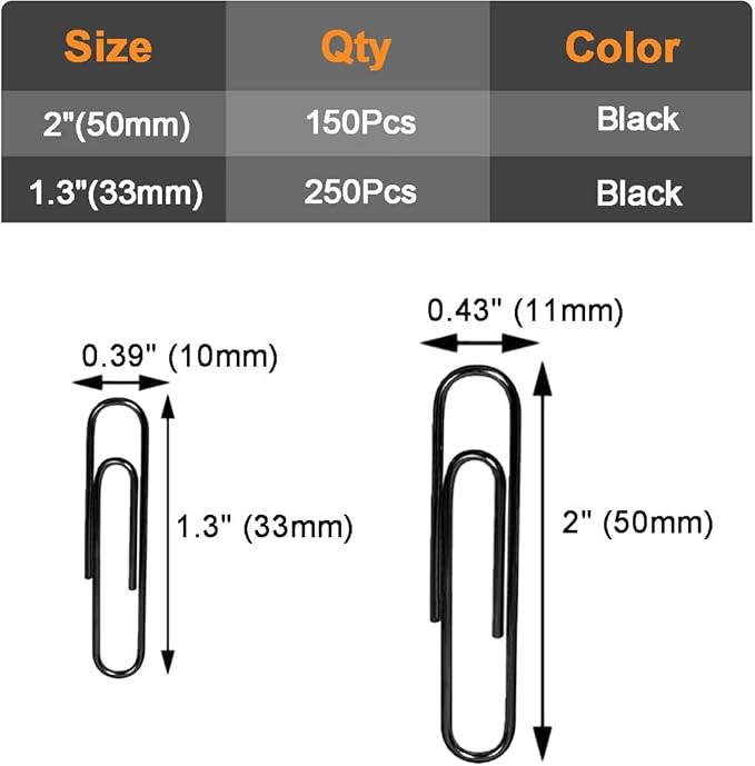Vinaco Paper Clips Black, 400PCS Medium and Jumbo Paper Clips (1.3 inch & 2.0 inch), Durable & Rustproof, Coated Paperclip Great for Office School and Personal Use(Black)