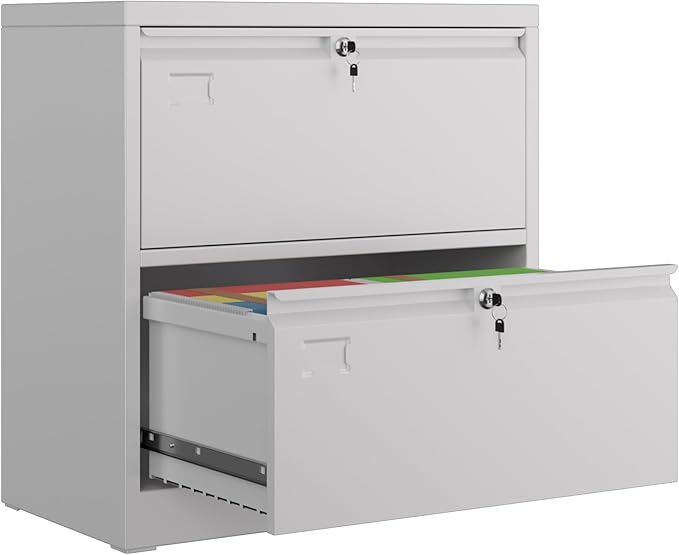 Metal 2 Drawer Lateral File Cabinet with 2 Lock - Wide Filing Cabinet for Letter/Legal/F4/A4 Hanging Files - Includes Business Card Holder,Home Office School Storage,White