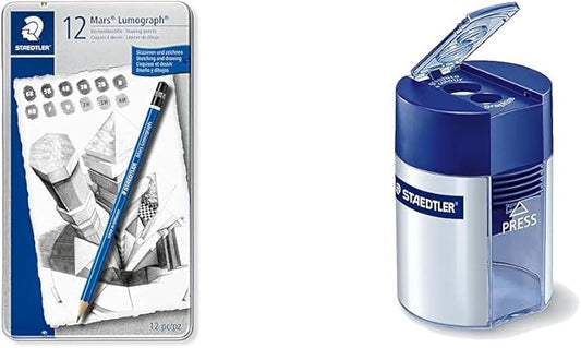 STAEDTLER Mars Lumograph Art Drawing Pencils (Graphite, 12 Pack in Metal Case) with Double Hole Pencil Sharpener