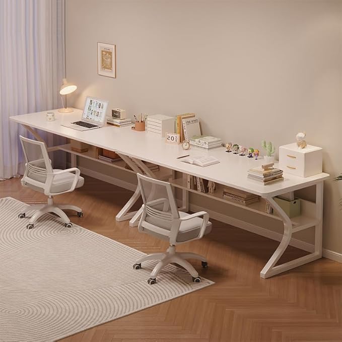 Extra Long Desk with Bookshelf - 63" Double Long Writing Table for 2-Person Workstation, Modern Study Work Computer Desk for Home and Office, Warm White