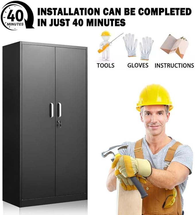 Metal Storage Cabinet with Adjustable Shelves, Garage Cabinet with 2 Lockable Doors, Garage Storage Cabinet, Kitchen Pantry Cabinet - 71'H, Black