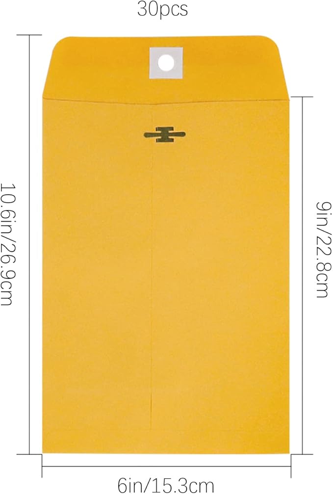6” x 9” Clasp Envelopes with Gummed Seal Brown Kraft Catalog Envelopes Clasp Mailing Envelopes for Home, Office, Business 28 lb Kraft Paper,Pack of 30