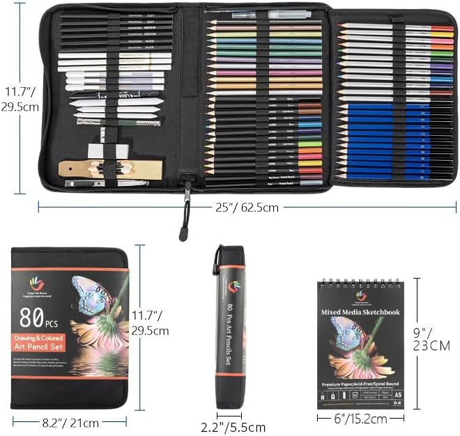 H & B 80-Pack Colored Sketching Art Pencil Set with 3-Color Sketchbook and Coloring Book - Includes Graphite, Watercolor, Metallic, and Oil-Based Colored Pencils