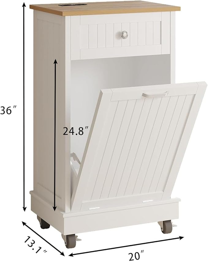 10 Gallon Tilt Out Trash Cabinet, Wooden Kitchen Trash Can Cabinet with Hideaway Drawer, Freestanding Laundry Hamper Garbage Recycling Cabinet on Wheels, Pet Proof, Single, White