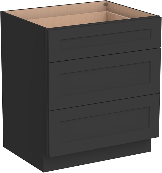 Shaker Style Charcoal Black RTA Solid Wood Base Cabinet with 3 Drawers and Soft Close Feature, 27" W x 24" D x 34.5" H, Perfect for Standalone Use or Kitchen Cabinet Combinations