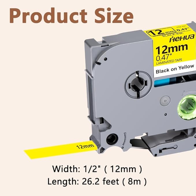 Hehua Tape Tze Tz 12mm 0.47 Black on Yellow Laminated Compatible for Brother TZe-631, TZe631 TZ-631 Label Maker Tape Compatible for Brother Ptouch Tape 12mm 0.47 Yellow for PT-D200, 3 Pack