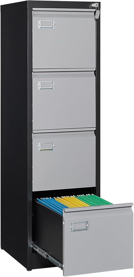4 Drawer File Cabinet, Filing Cabinets for Home Office, Metal Vertical File Storage Cabinet with Lock, Locking File Cabinet for A4 Legal/Letter, 15" W x 17.7" D x 50.1" H, Assembly Required
