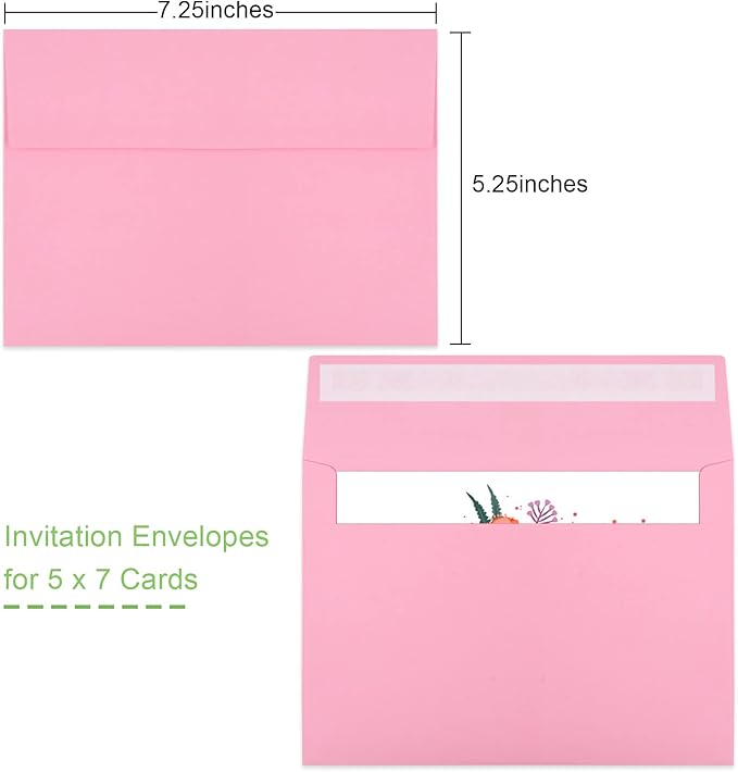 50 Pack 5x7 Envelopes - A7, Printable Invitation Envelopes - Self Seal for Weddings, Invitations, Photos, Greeting Cards, Mailing (Pink)