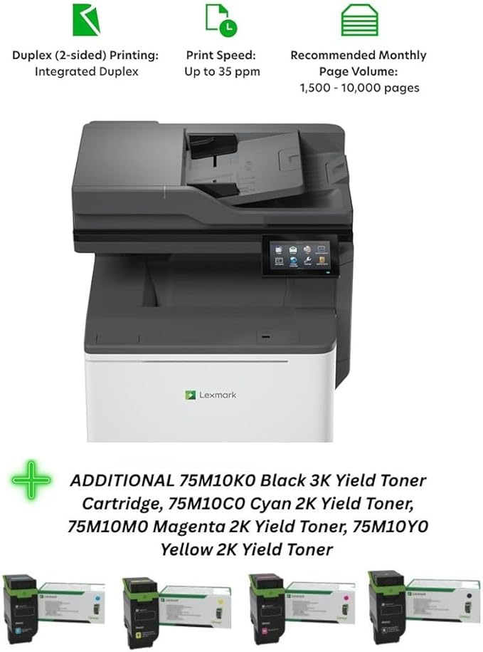 Lexmark CX532adwe Color Laser Wireless All-in-One (50M7040) Bundle with 75M10K0 Blk 3K Yield Toner, 75M10C0 Cyan 2K Yield Toner, 75M10M0 Magenta 2K Yield Toner, 75M10Y0 Yellow 2K Yield Toner