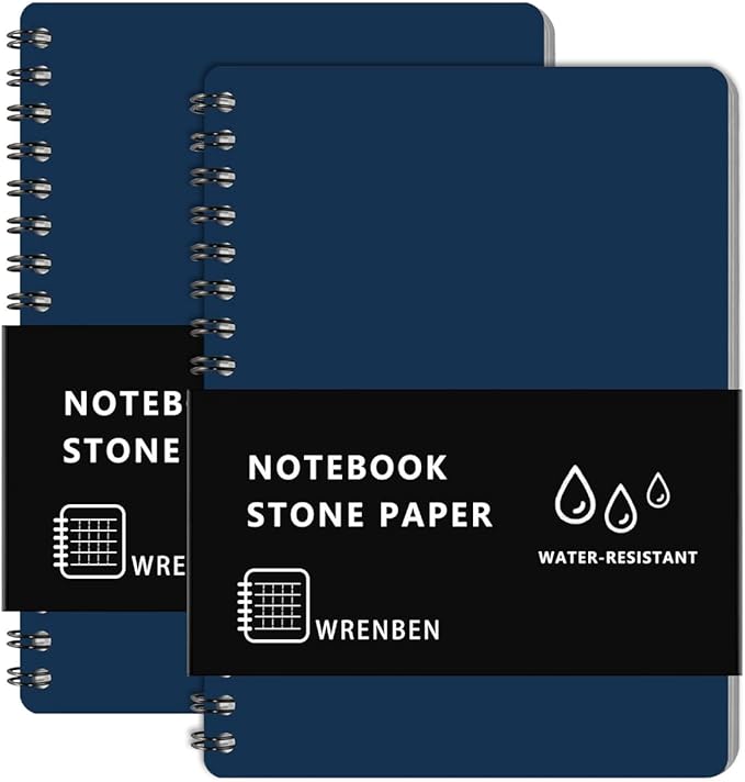 2PCS Waterproof Spiral Notebooks with Stone Paper and PVC Cover, Graph Pattern Weatherproof Notepad 100 Pages, Medium Size All-Weather Steno Pads for Outdoor Field (4.8"x7", Blue)