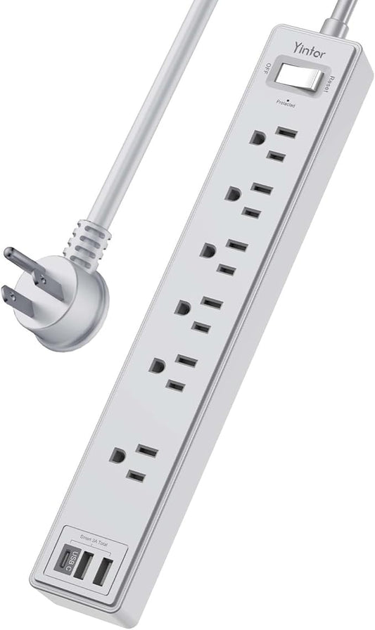 6Ft Power Strip Surge Protector - Yintar Extension Cord with 6 AC Outlets and 3 USB Ports for Home, Office, Dorm Essentials, 1680 Joules, ETL Listed, Grey