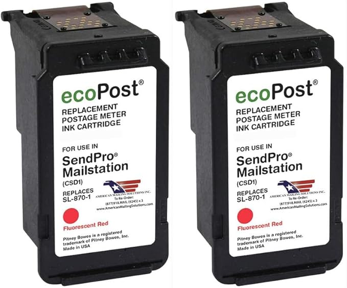 AMERICAN MAILING SOLUTIONS INC. | 2-Pack | ecoPost Remanufactured Postage Meter Ink Cartridge for PB SL-870-1 | Red | for The SendPro Mailstation | 8 ML