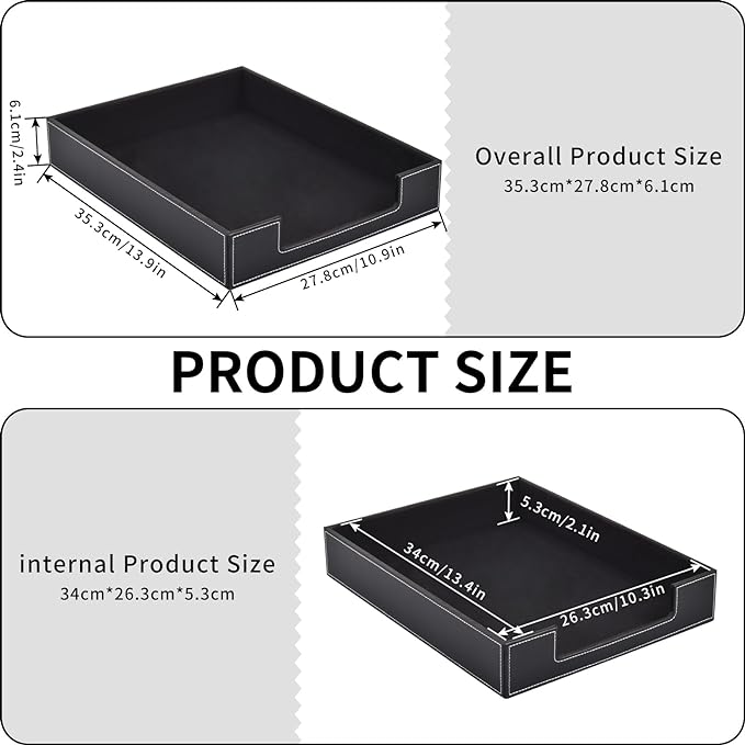 Leather Letter Tray, Office Supplies Desk Organizer for Mail Paper Files Magazines Jewelry Cosmetics,Luxury Letter Holder&Multipurpos Stackable Office Desktop Storage Box,Black