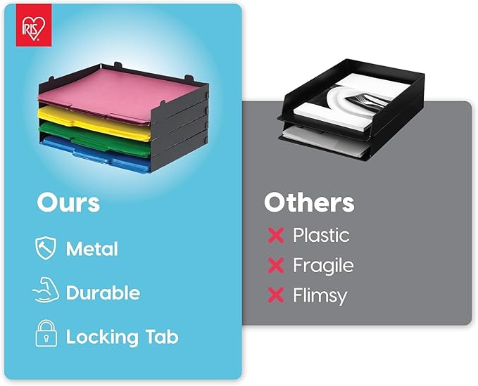 IRIS USA Metal Letter Tray Paper Organizer, 4 Pack, for Letter/A4 File Holder Paperwork Document, Stackable Desktop File Organizer Tray Paper Basket Rack for Office Supplies Home Work, Black