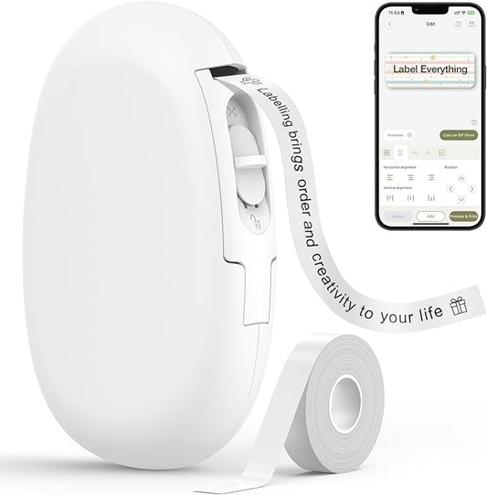 SUPVAN E10 Bluetooth Label Maker Machine with Tape, Continuous Waterproof Label, Versatile App with 35 Fonts and 1k+ Icons, Inkless Labeler for Home, Kitchen, School, Office Organization, White