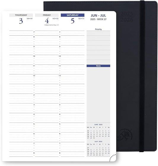 POPRUN Academic Planner 2025-2026, 8.5'' x 11.25'', Quarter-Hourly Appointment Book (July 2025-June 2026) with PU Leather Soft Cover, Dual Pockets, Monthly Tabs, 100GSM Thick Paper - Black