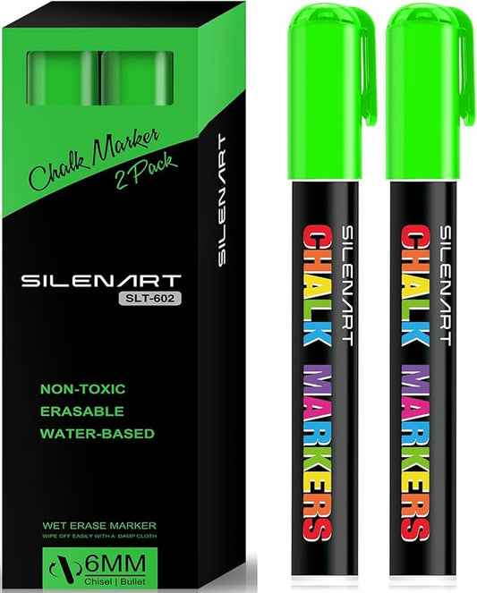 Green Chalk Markers 2 Pack - Green Dry Erase Markers Pen - Liquid Chalk Markers for Chalkboard, Window, Glass, Mirror, Blackboard - 3-6mm Reversible Tip