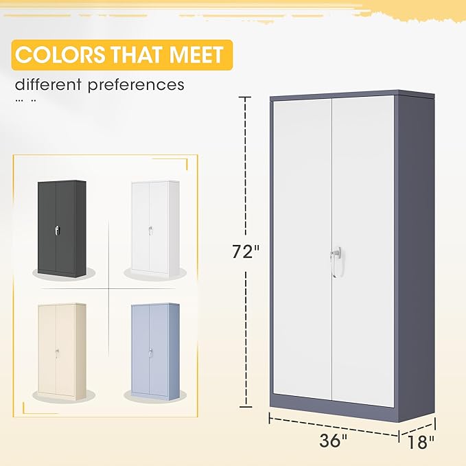 Greenvelly Metal Storage Wardrobe Cabinet with Lock, 72" White Grey Metal Wardrobe Closet for Hanging Clothes with Doors and Shelves, Modern Clothes Closet for Home, Office and Bedroom, School,Gym