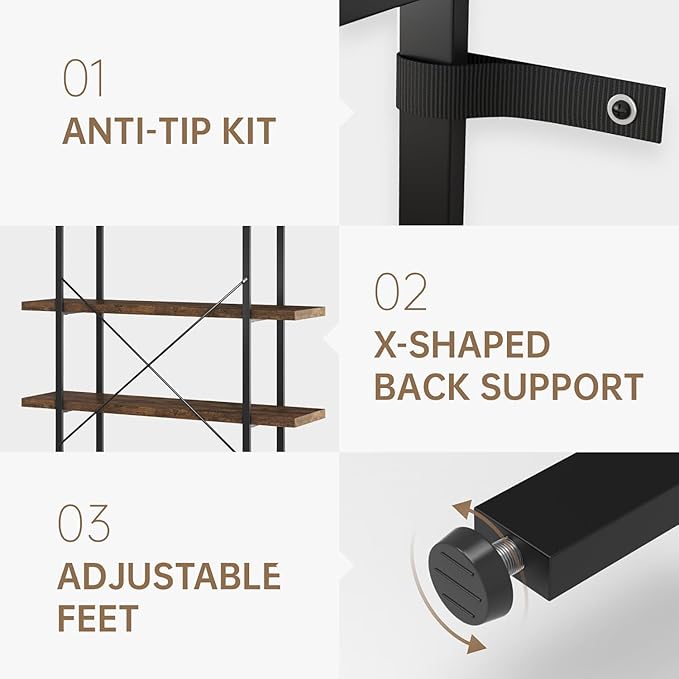 Bookshelf Set, Heavy Duty 4-Tier Industrial Bookcase, 47" Wide Wood Bookshelf for Home Office, 120lbs Shelf Capacity, Rustic Open Display with Horizontal Shelf for Living Room Bedroom