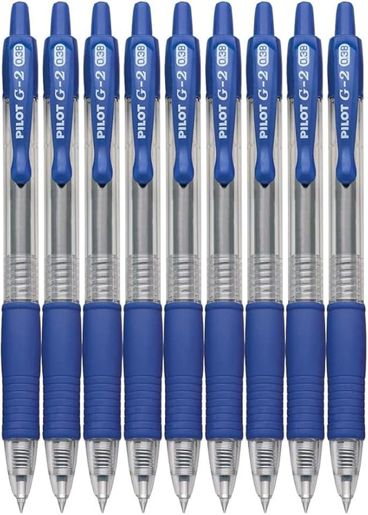 G2 Retractable Premium Gel Ink Roller Ball Pens Ultra Fine Point (.38mm) Blue Ink 9 pack; Refillable & Premium Comfort Grip Bundle with Plastic Reusable Pouch