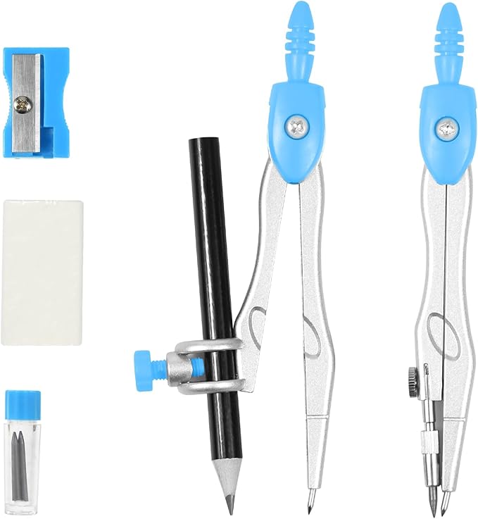 10 Pieces Math Geometry Kit Set Student Supplies with Shatterproof Storage Box,Includes Rulers,Protractor,Compass,Eraser,Pencil Sharpener,Lead Refills,Pencil,for School and Drawings（Blue）