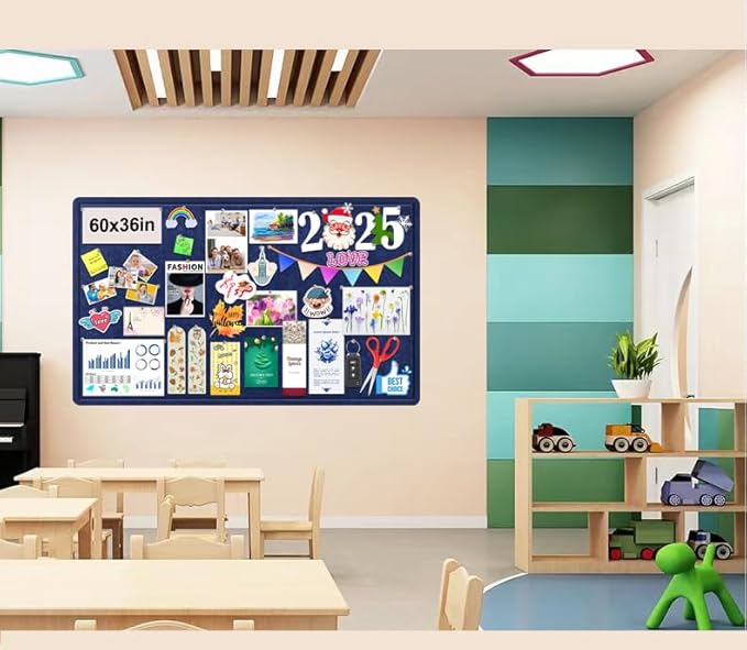 Large Bulletin Board, Foldable 60x36 Inches Cork Board Alternative, Large Felt Board Decorative Pin Board for Wall, Foldable Photo Board Self-Adhesive Vision Board with 36 Pushpins Dark Blue