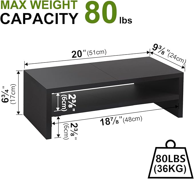TEAMIX 2 Tiers Wooden Desktop Monitor Stand Riser 20 Inch Printer Stand with Double Storage Small TV Riser Laptop Keyboard Holder Business Desk Organizer Shelf Black Bookshelf