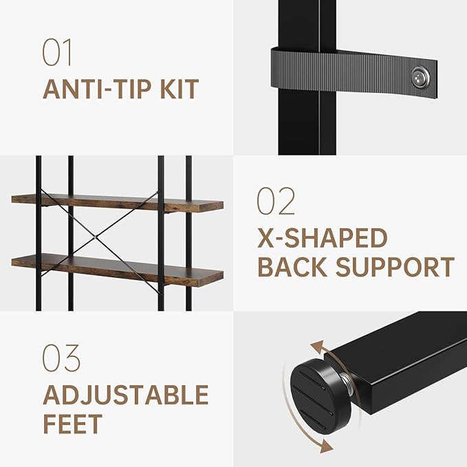 Heavy Duty 5-Tier Industrial Bookcase, 47" Wide Wood Bookshelf for Home Office, 120lbs Shelf Capacity, Rustic Open Shelving Display with Reinforced Horizontal Shelf for Living Room Bedroom