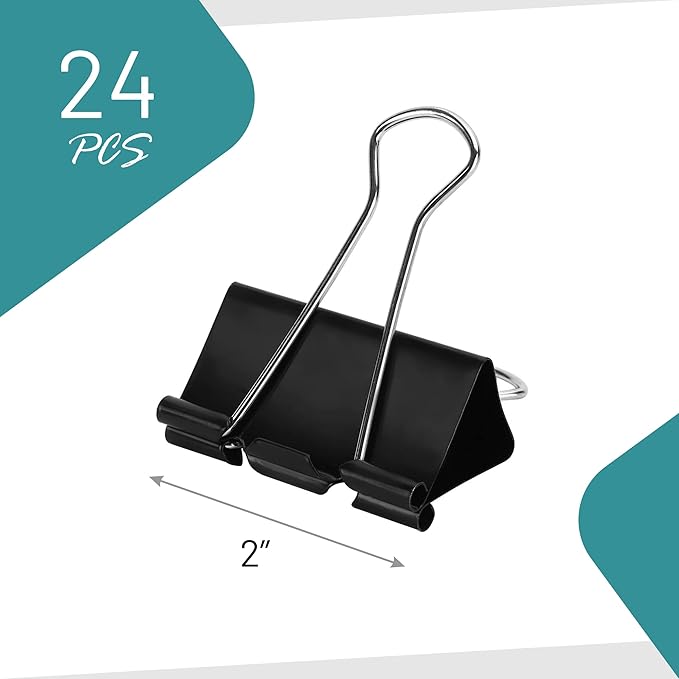Binder Clips - 24 Pack Large Black Paper Clamps, 2 Inch, Holds 200+ Pages, File Clip for Home, Office and School Supplies
