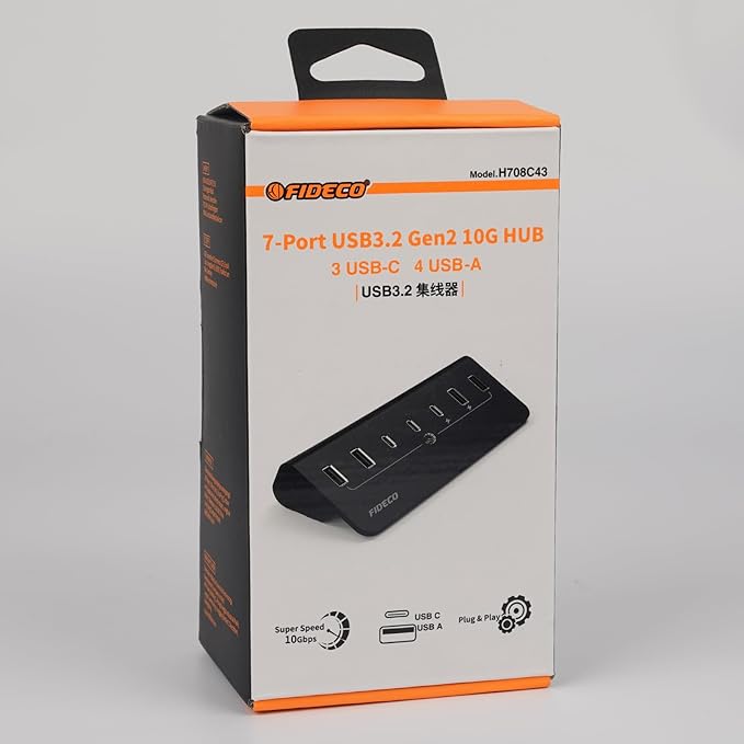 FIDECO Powered USB Hub, 7 Port USB 3.2 Gen 2, 10Gbps Fast Data Hub for iPhone 16/15 and Laptop, Aluminum USB Splitter with 5V 3A Power Adapter, 4 USB-A and 3 USB-C Ports, Support BC1.2 Charging